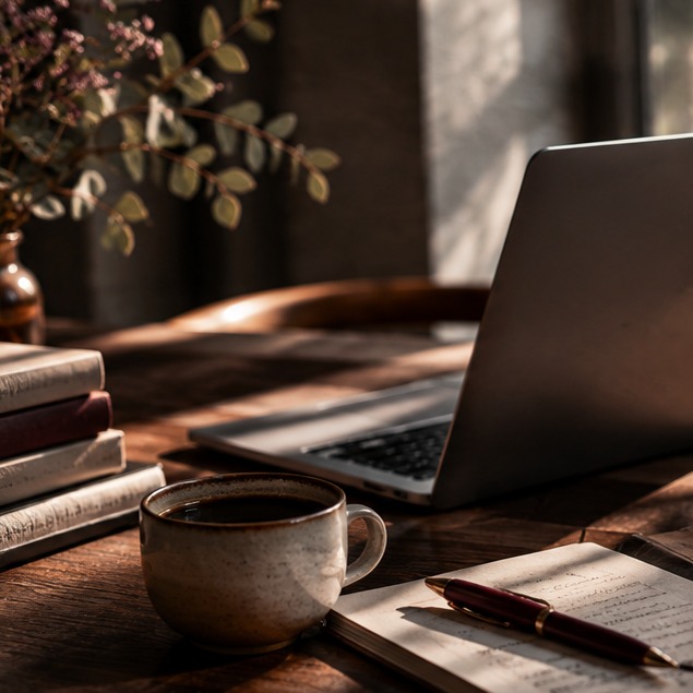 A sunlit desk with coffee, books, a laptop and a notebook