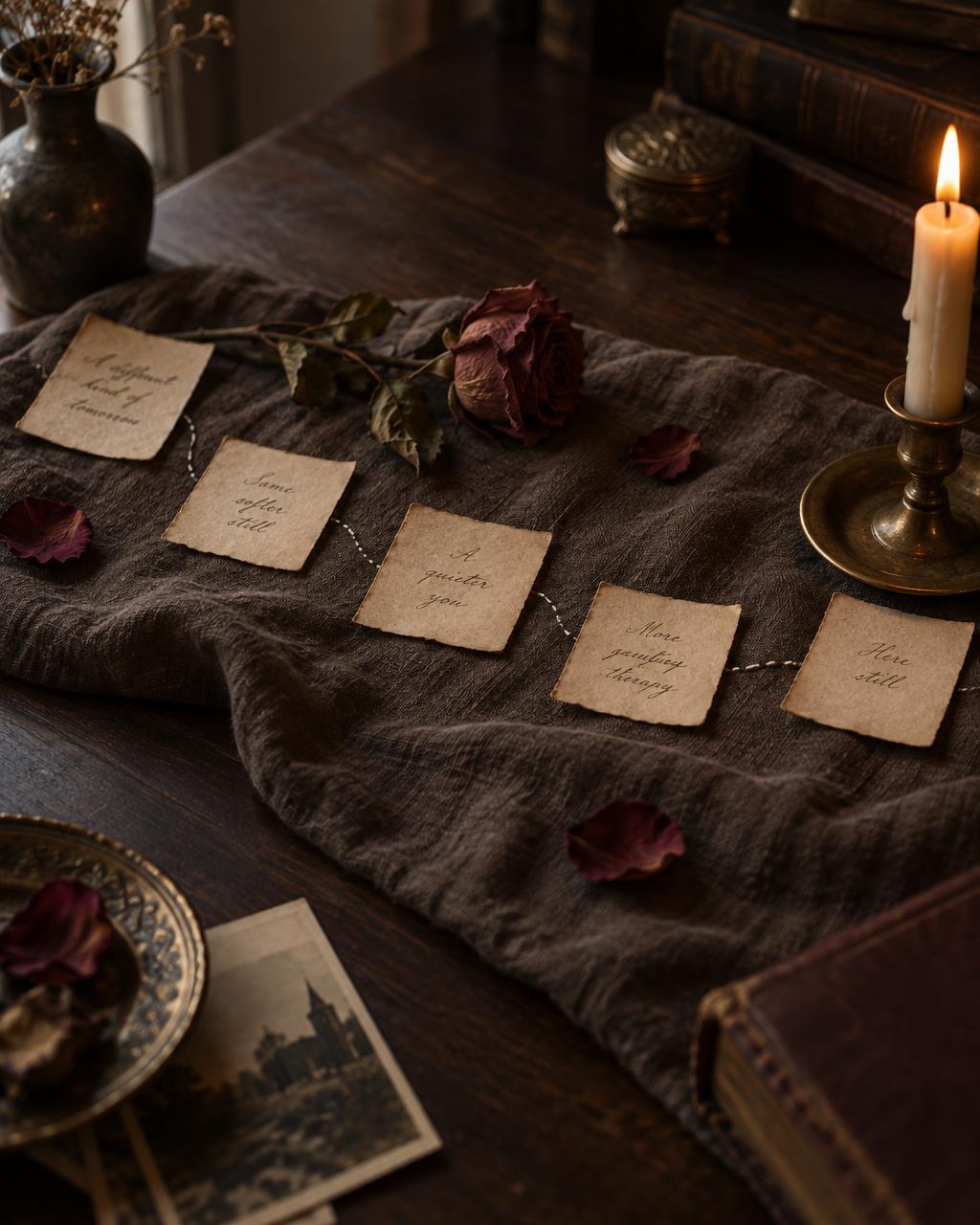 Handwritten cards strung along dark linen beside a lit candle and a dried rose